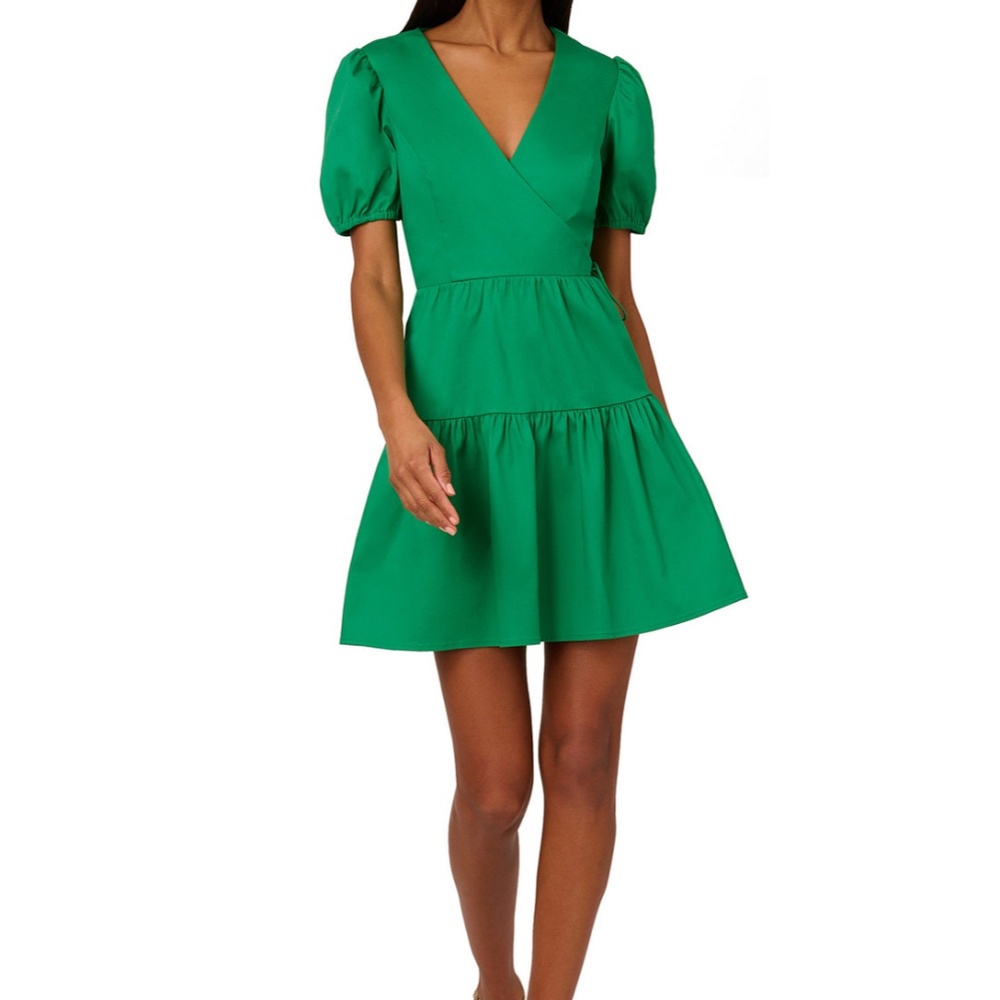 Green V-Neck Puff Sleeve Tiered Mini Dress